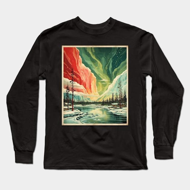 Yellowknife Canada Aurora Borealis Vintage Poster Tourism Art Long Sleeve T-Shirt by TravelersGems